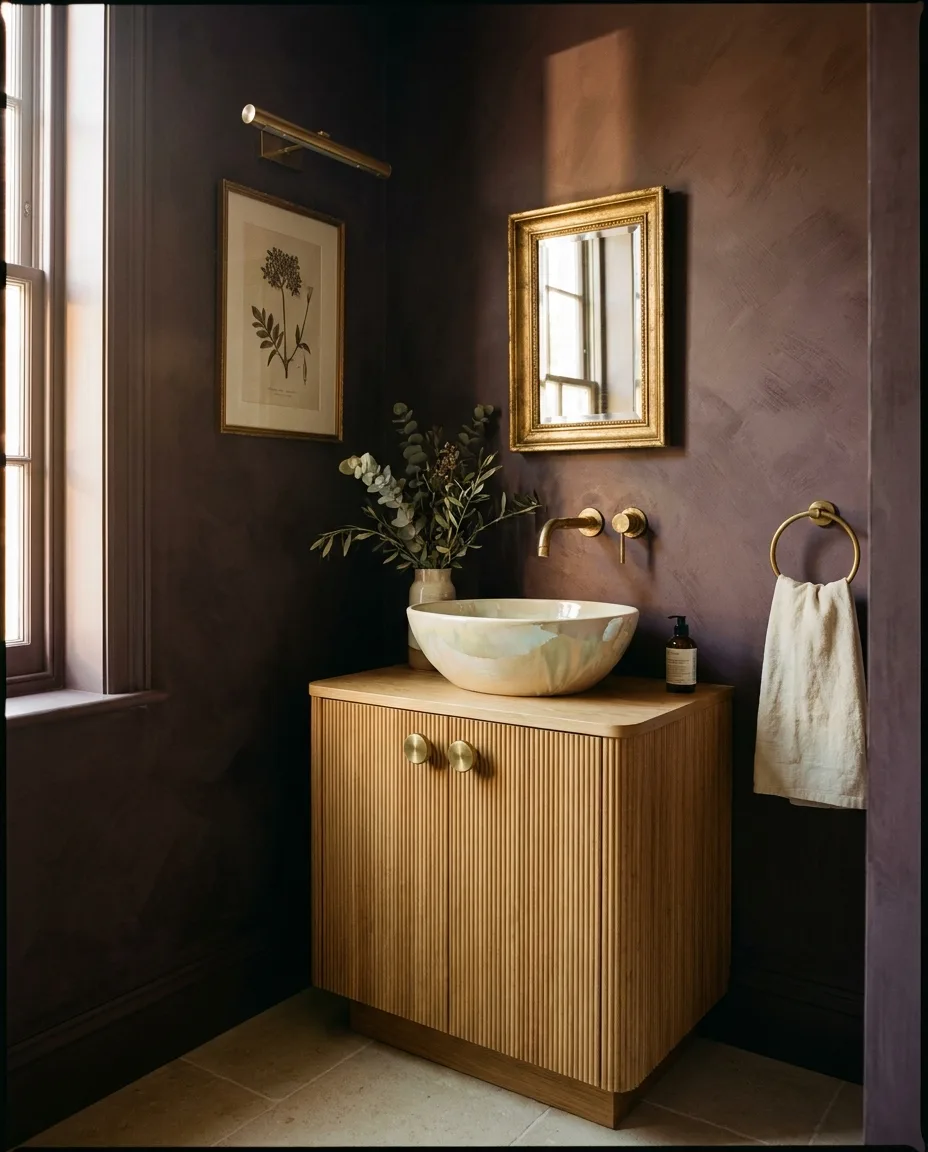 A 2027 powder room with a pearlized colored basin, unlacquered brass wall faucet and deep-plum limewashed walls