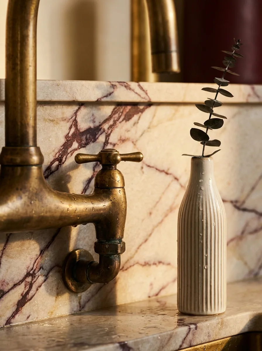 An unlacquered aged-brass bridge faucet with patina against a wine-veined cream quartzite slab, water beading on the stone