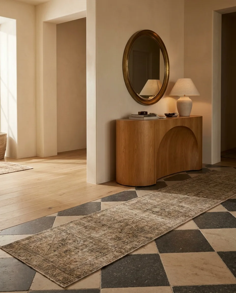 A 2027 entryway with beige-and-charcoal checkerboard stone meeting wide-plank oak, a curved console and round mirror