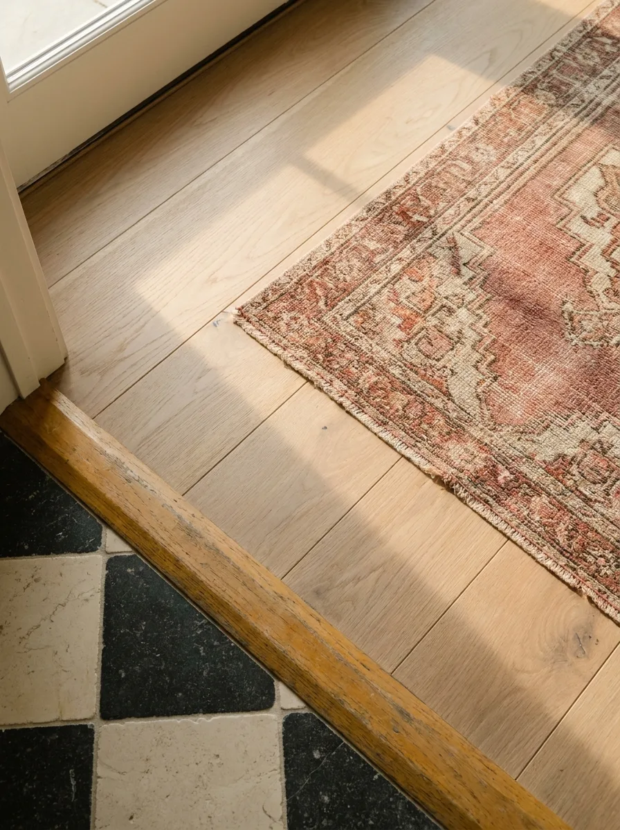 Wide-plank white-oak flooring meeting checkerboard stone and a faded vintage rug at a threshold