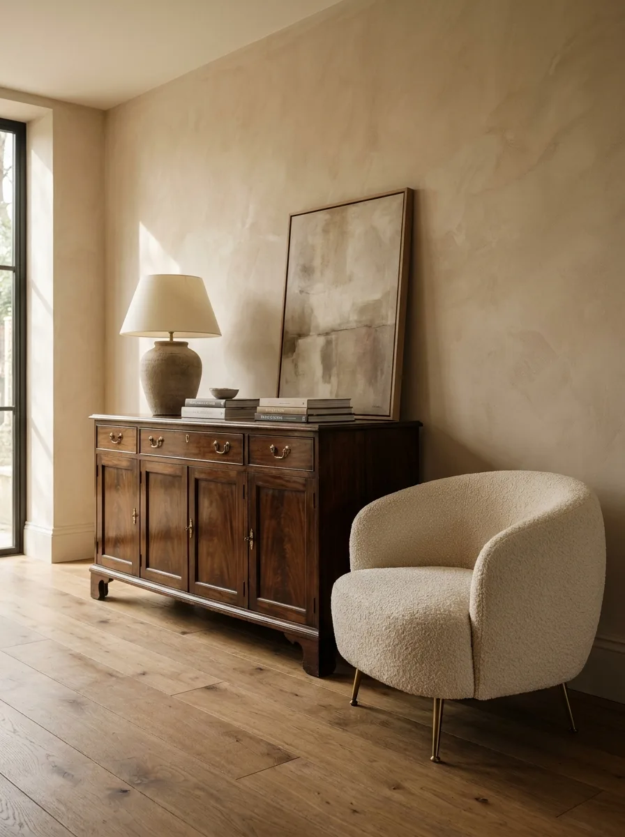 A 2027 room anchored by a long walnut Georgian sideboard against warm plaster, with a modern boucle chair and leaning canvas