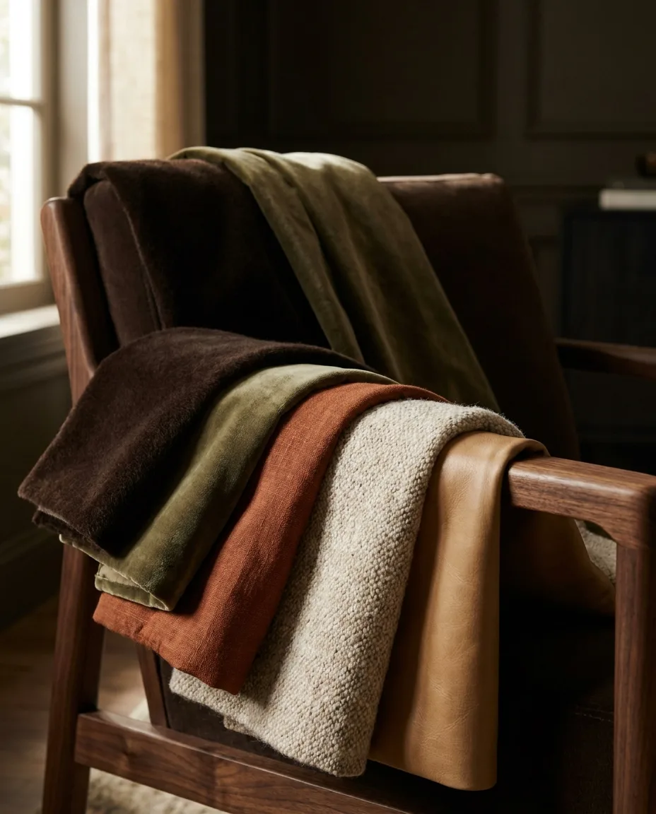 A close-up of 2027 upholstery fabrics layered together: chocolate mohair, olive velvet, rust linen, oatmeal wool and tan leather