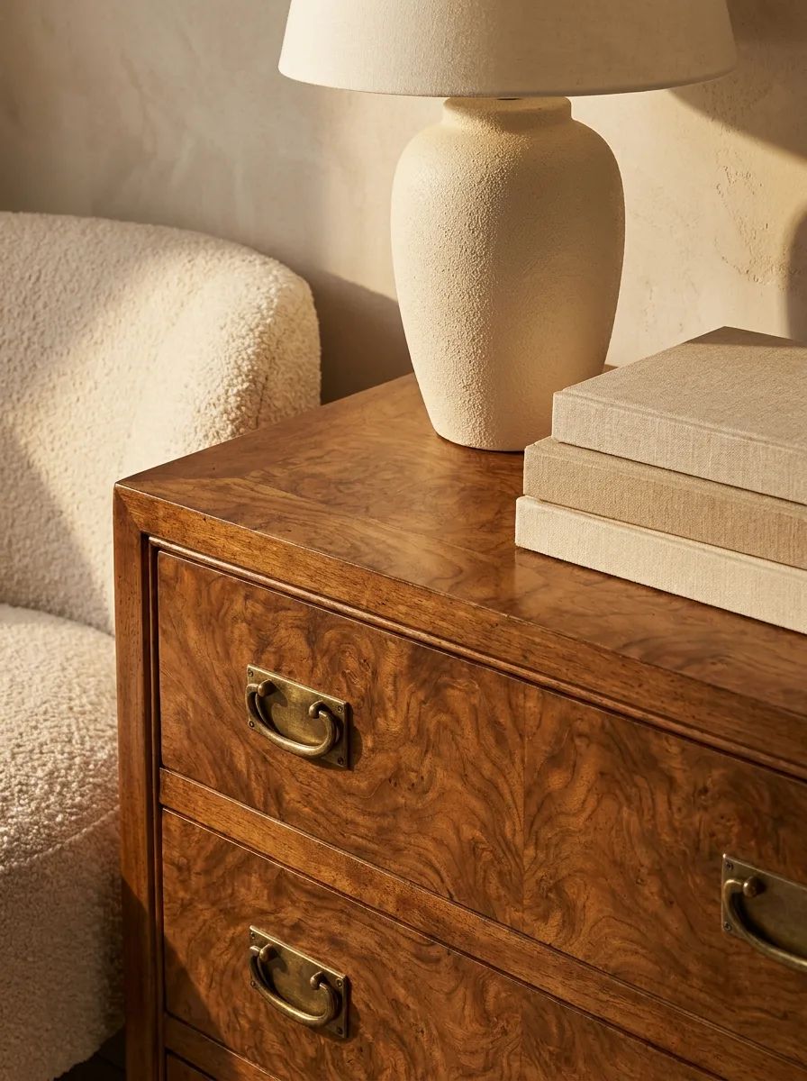 A figured burl-walnut vintage chest with aged-brass hardware, a ceramic lamp and linen-bound books against a plaster wall