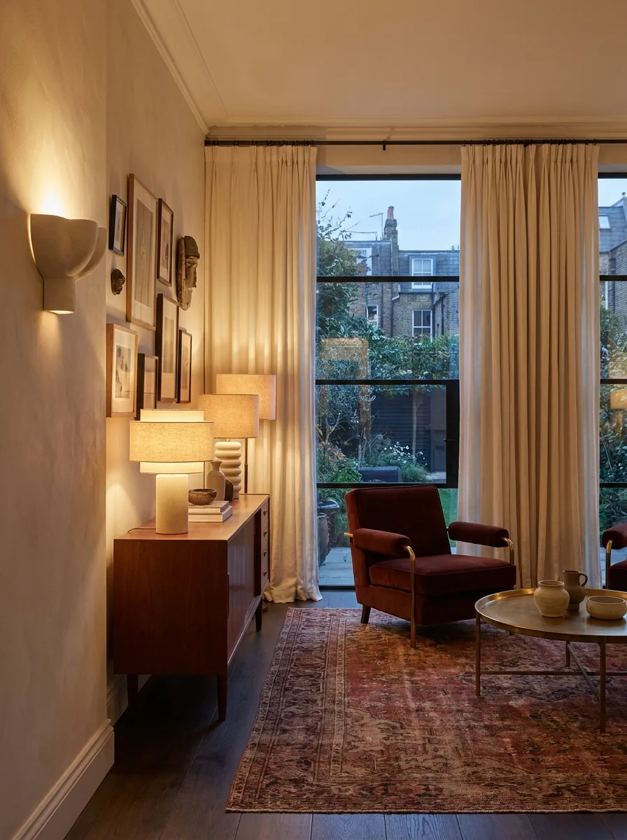 A 2027 result room at dusk: a warm earth living space with a lit plaster fixture, vintage console, layered lamps and a collected wall