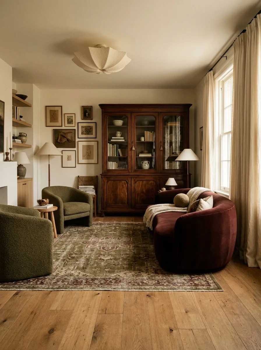 A full 2027 living room summing up the year: warm oak, a vintage brown-wood anchor, a plaster fixture, linen curtains and a gallery wall
