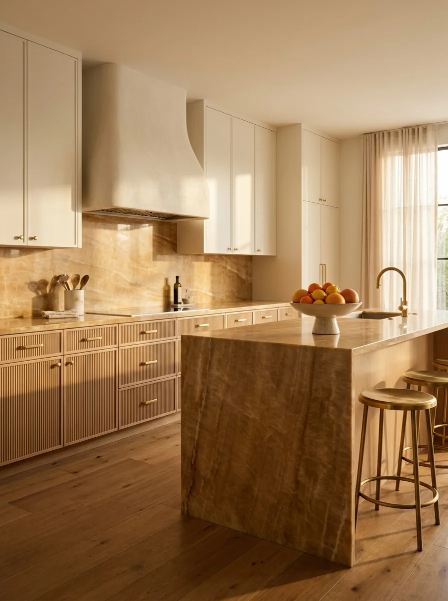 A full 2027 two-tone kitchen with fluted white-oak lowers, off-white uppers, a honey-amber quartzite waterfall island and plaster hood
