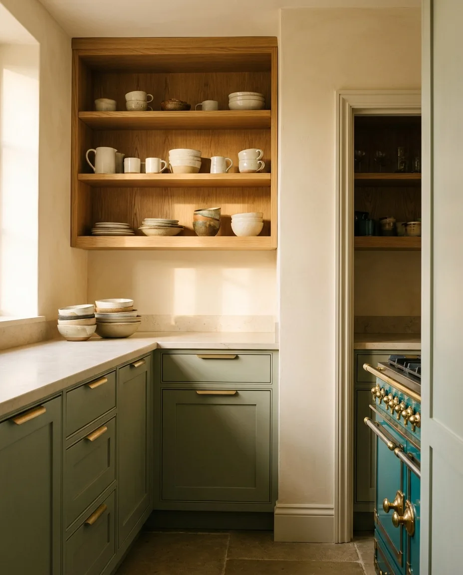 A 2027 scullery back-kitchen with sage cabinetry, brass pulls, open oak shelving and a colorful range glimpsed through a doorway