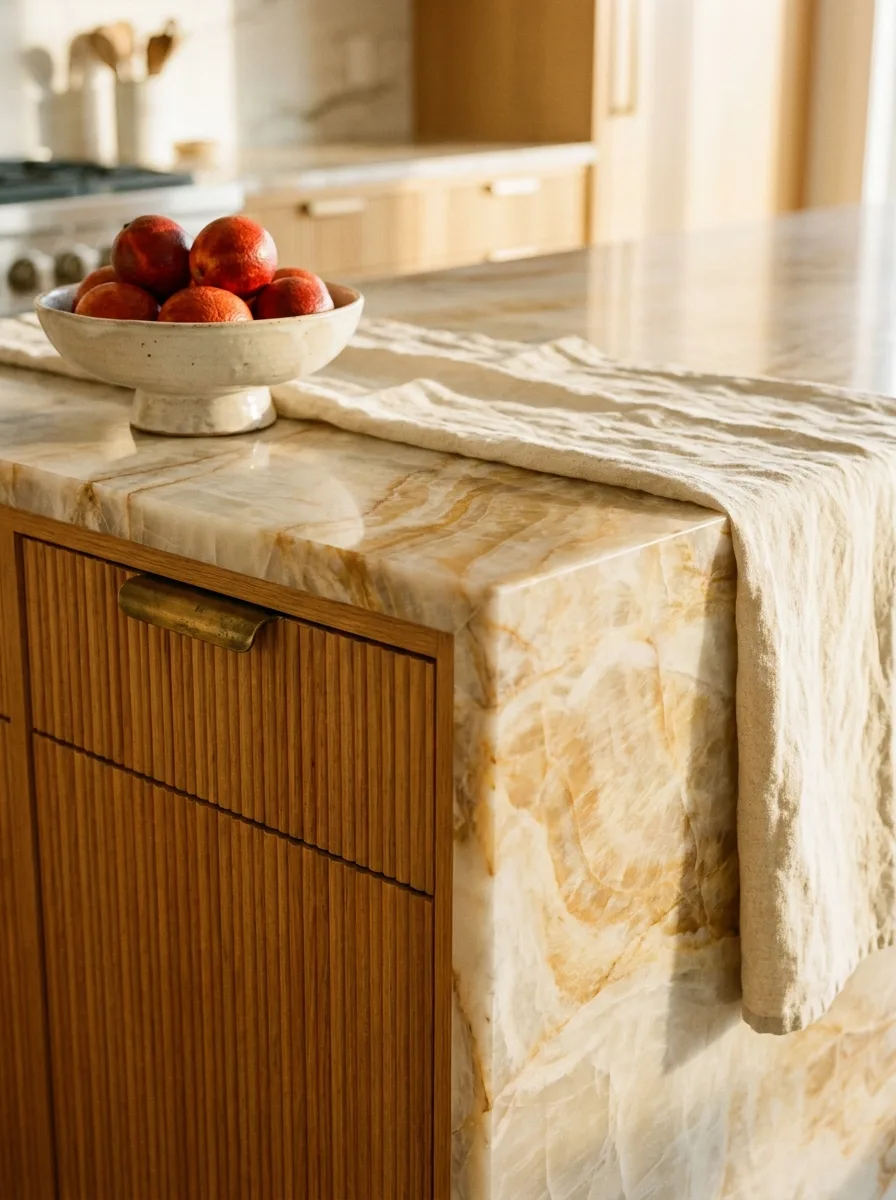 A fluted white-oak island base meeting a honey-amber quartzite waterfall counter with an aged-brass pull and blood oranges