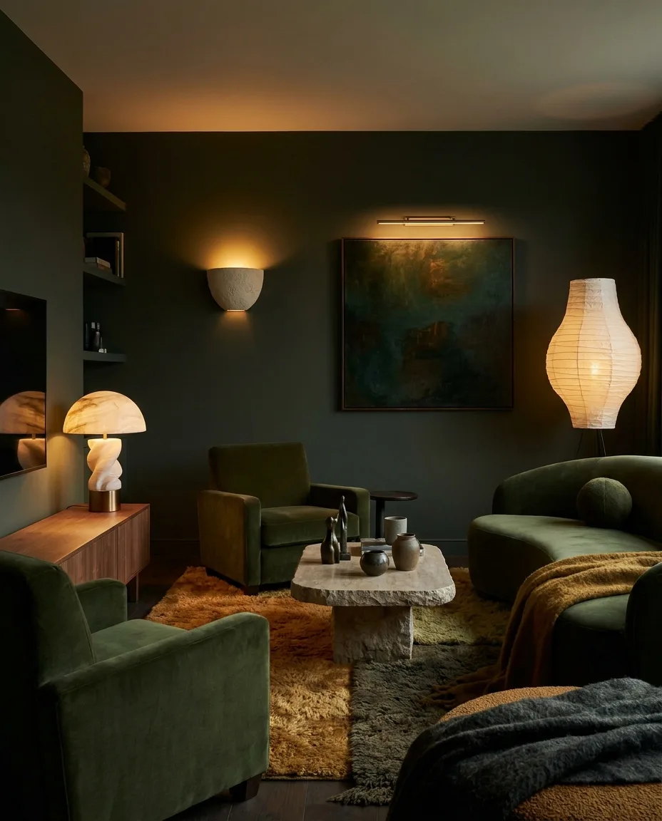 A 2027 living space after dark lit only by an alabaster lamp, plaster sconce and picture light against deep moss-green walls