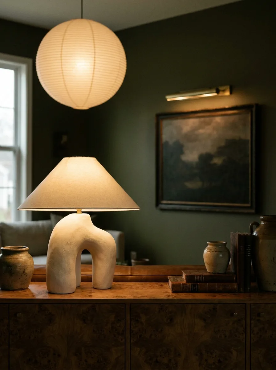 A sculptural cream plaster table lamp glowing warm against a deep moss-green wall, with a paper pendant and picture light