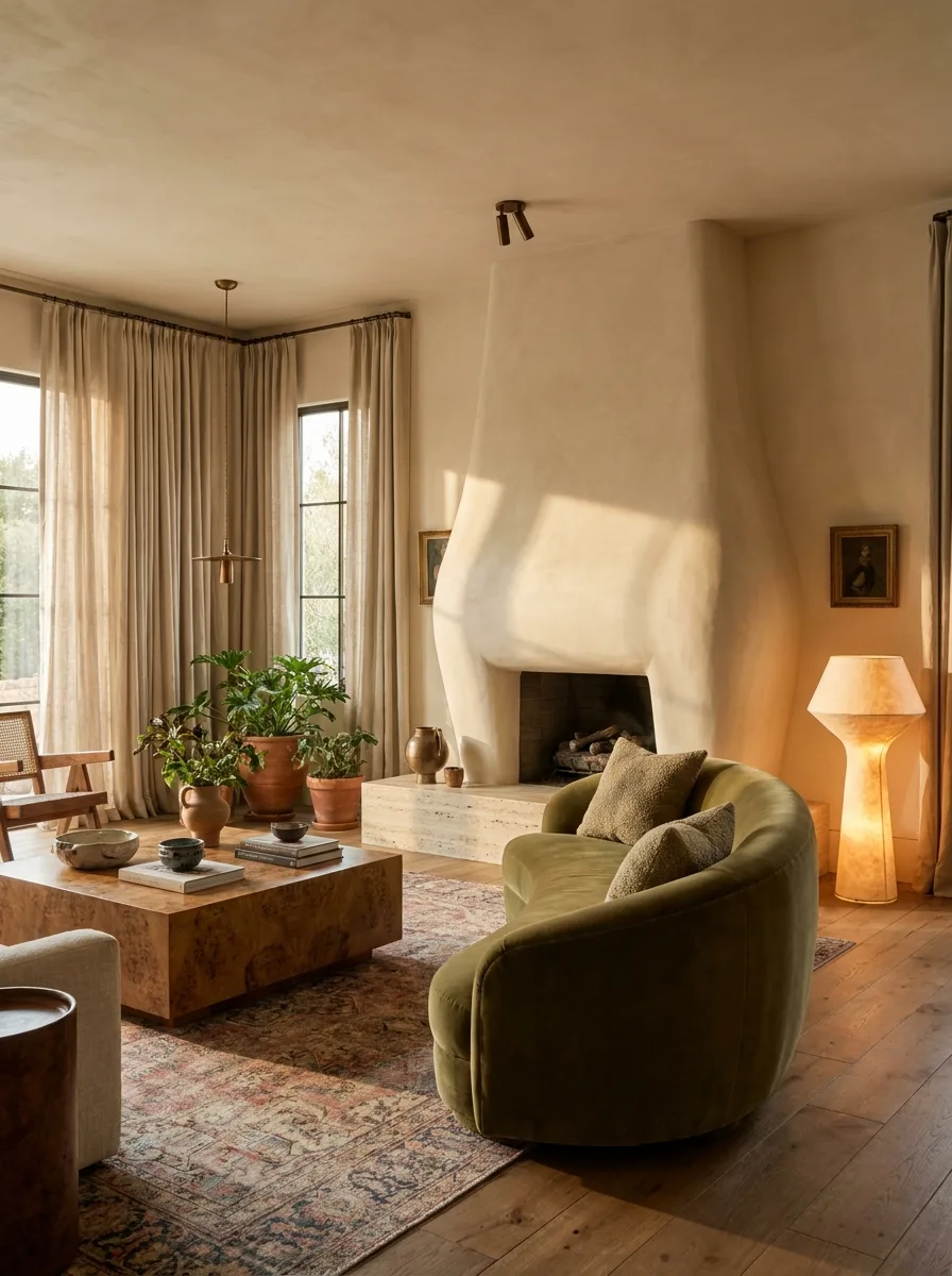 A full 2027 living room built around a sculptural plaster fireplace with a travertine hearth, olive mohair sofa and vintage rug