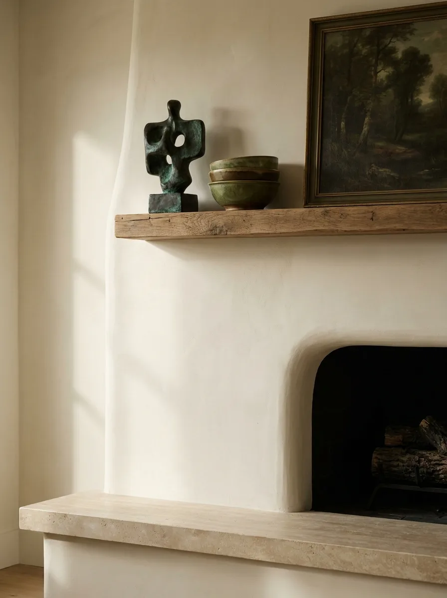 A sculptural limewashed plaster fireplace with a travertine hearth, a bronze sculpture and a moody landscape oil above