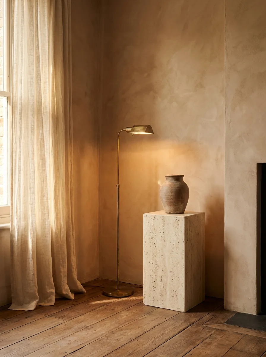 A 2027 half-room with a limewashed plaster wall, reclaimed-oak floor, unlacquered brass floor lamp and travertine plinth