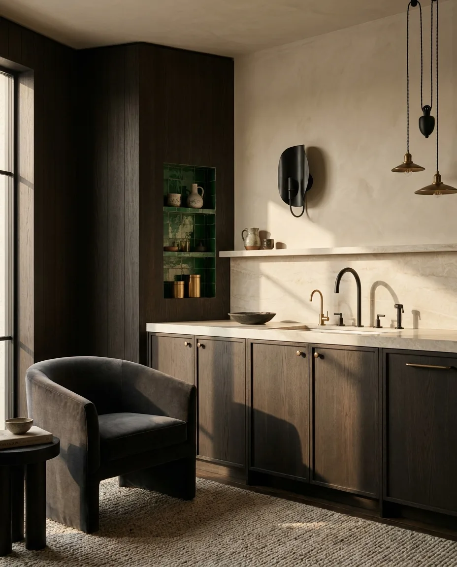 A 2027 half-room mixing smoked-oak paneling, honed cream quartzite and a zellige niche with mixed brass and matte-black fixtures