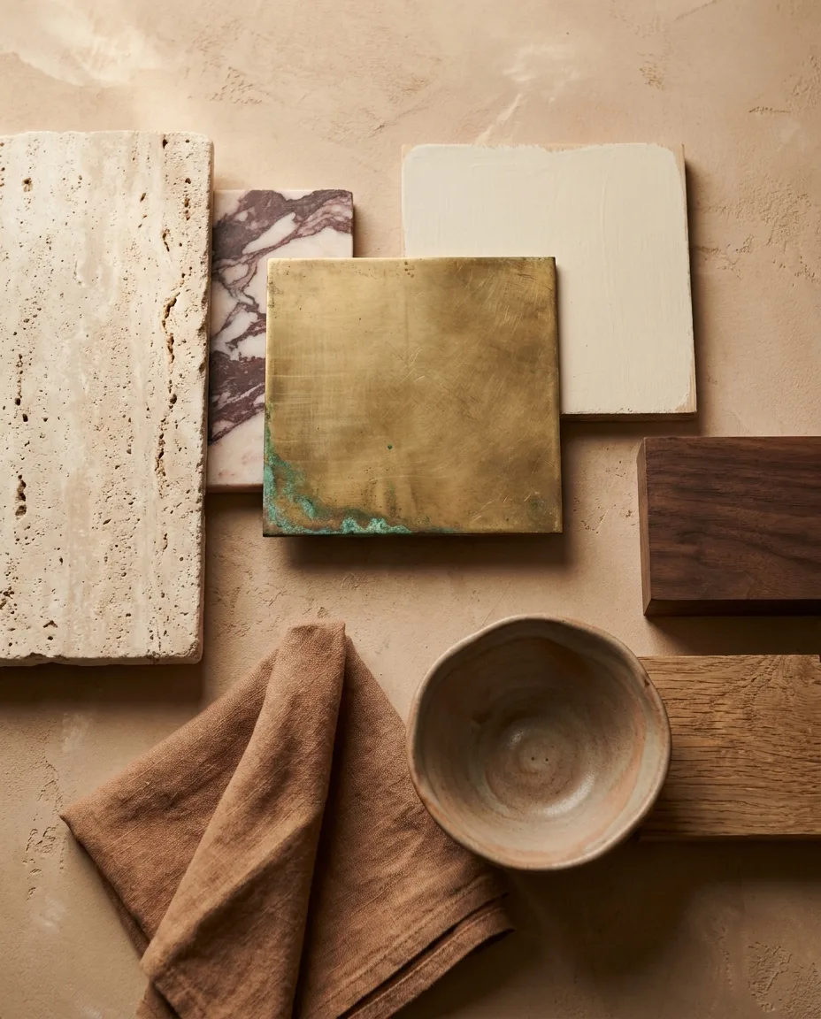 A 2027 materials mood board of travertine, wine-veined marble, patinating brass, limewash, walnut and washed linen