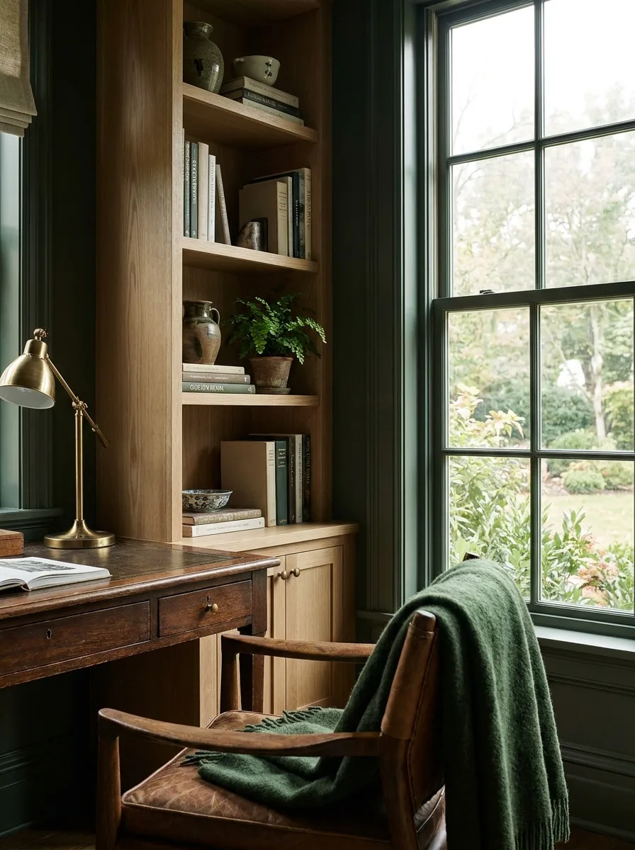 A calm home-study feature: white-oak built-ins, a vintage desk at a garden window, brass task lamp and leather chair