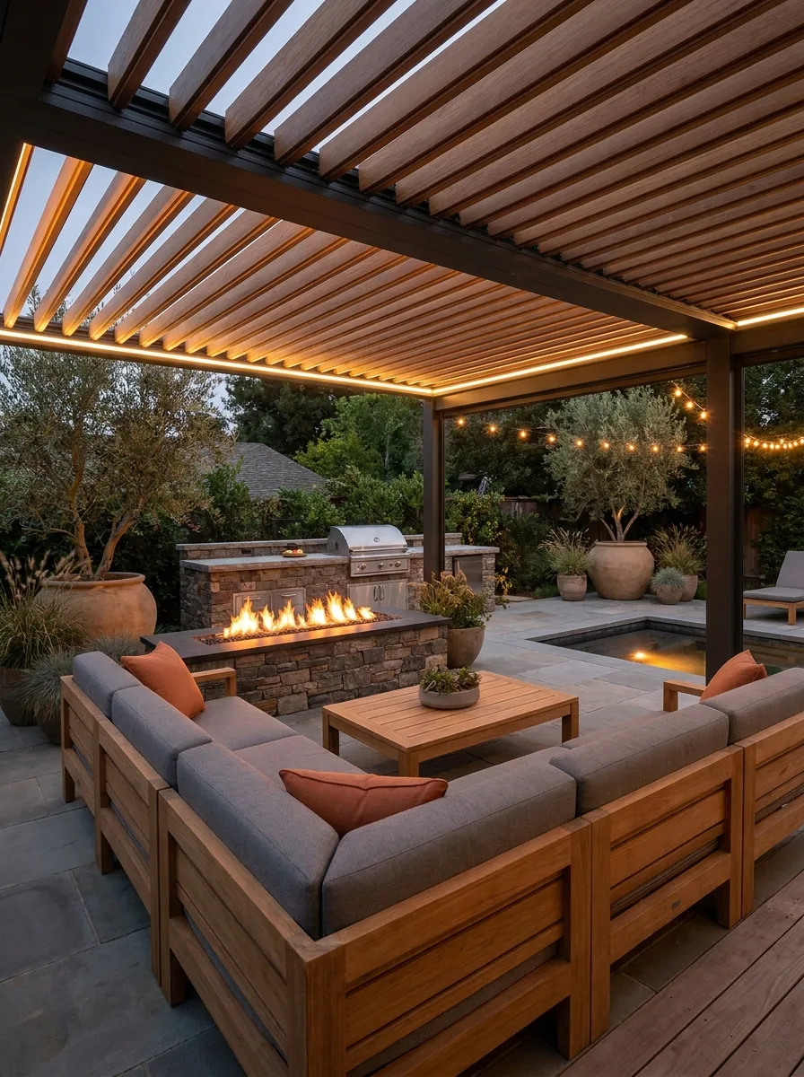 A full 2027 outdoor living room at dusk with a louvered pergola, teak lounge, linear stone fire table and plunge pool