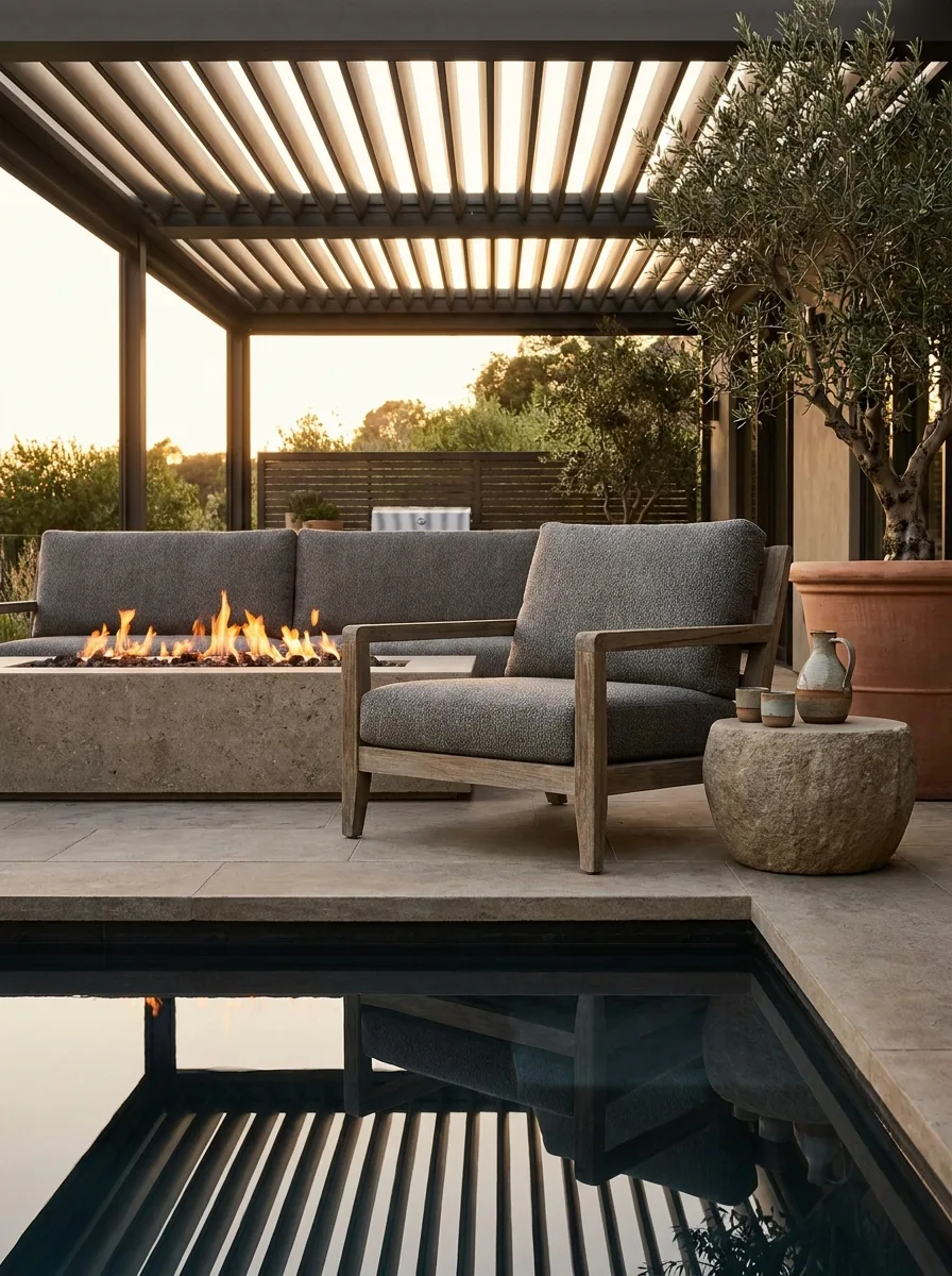 An outdoor living feature at dusk: a teak lounge, a linear stone fire table, a plunge-pool edge and a louvered pergola