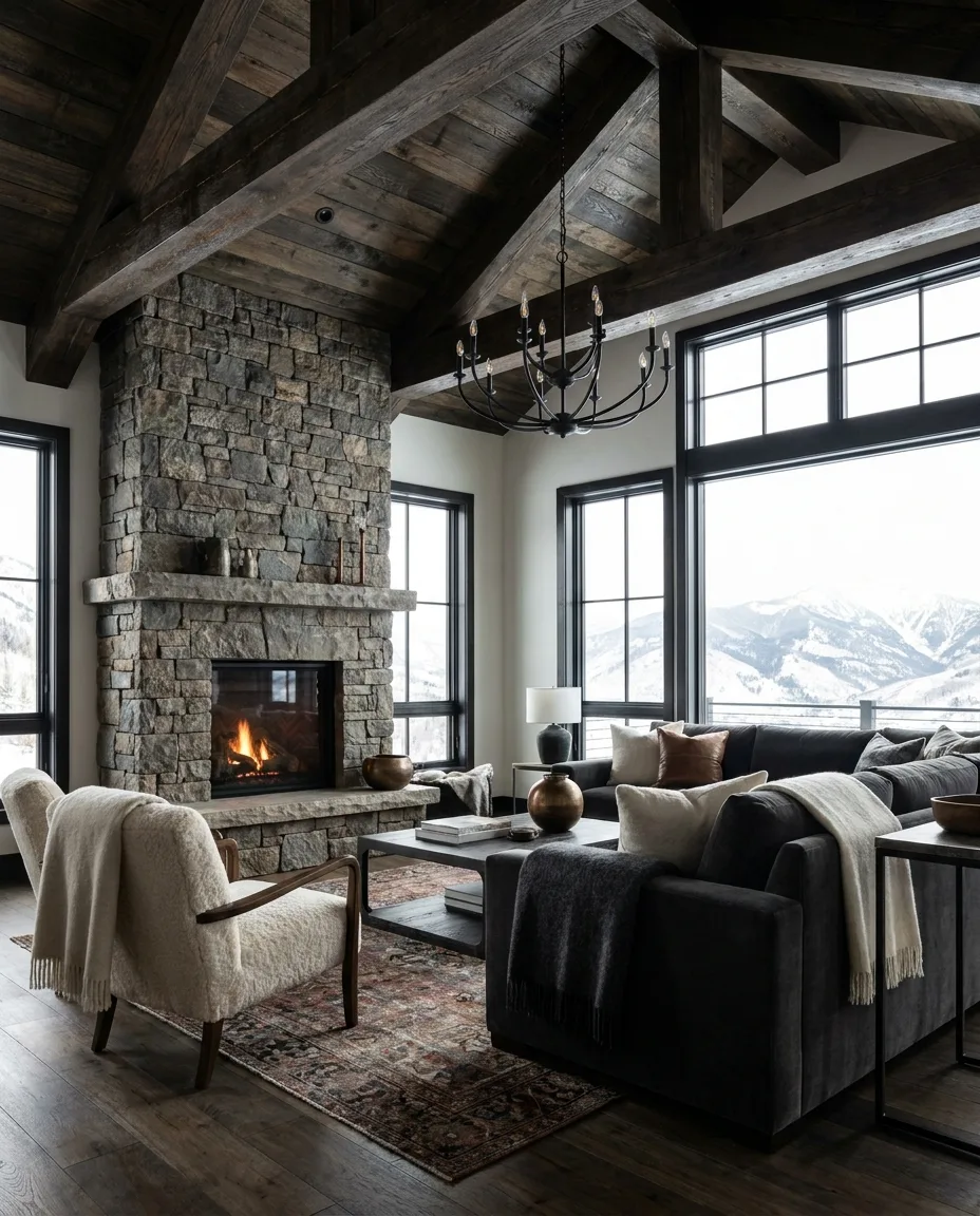 A full 2027 mountain-cabin living room with dark walnut beams, a stained-wood ceiling, fireplace, mohair sofa and vintage kilim