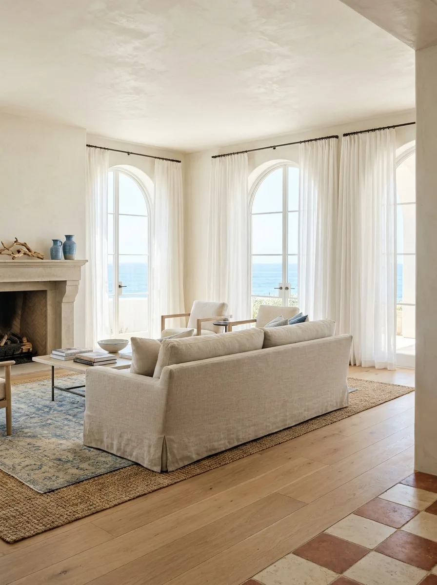 A full 2027 coastal-luxe living room in sand and chalk white with pale oak, a slipcovered linen sofa, jute rug and sea light