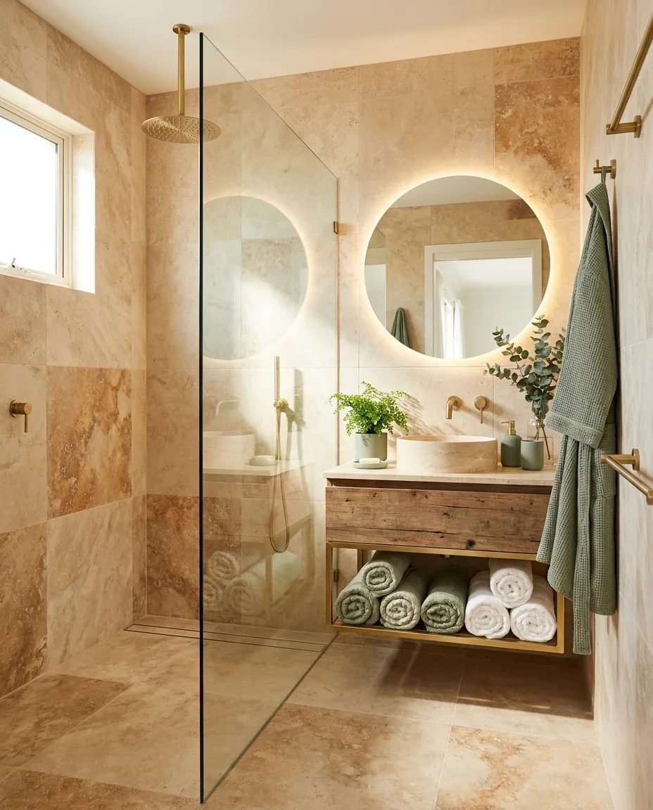 A 2027 rental bathroom styled to photograph: a glass shower panel, large-format travertine, a backlit mirror, brass fittings and matching towels
