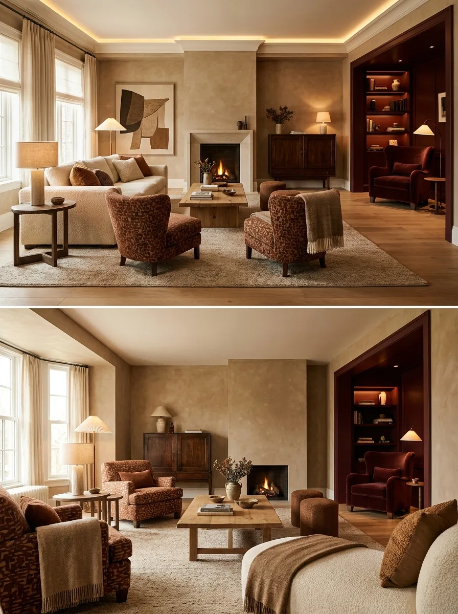 A full 2027 short-term-rental living space in warm earth tones with one oxblood accent nook, layered lighting and a fire feature