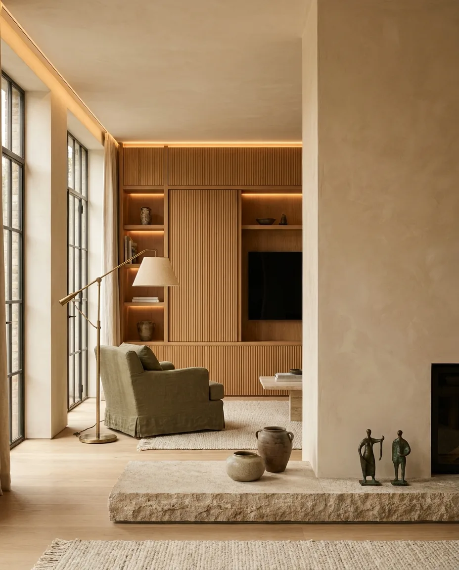 A 2027 living space where technology is hidden in warm fluted-oak millwork with concealed lighting and no visible gadgets