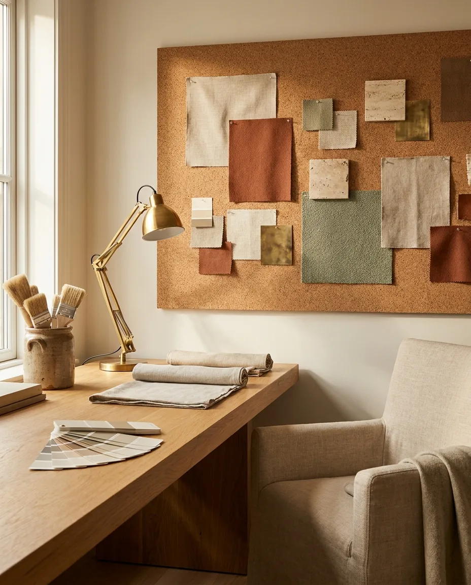 A designer's 2027 studio corner with a trend board of fabric swatches and stone samples, fanned paint chips on an oak worktable