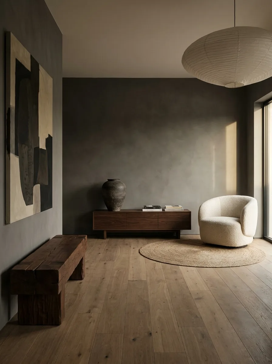 A full dark-Japandi 2027 room in walnut and charcoal with a low console, boucle chair, ceramic floor vessel and paper pendant