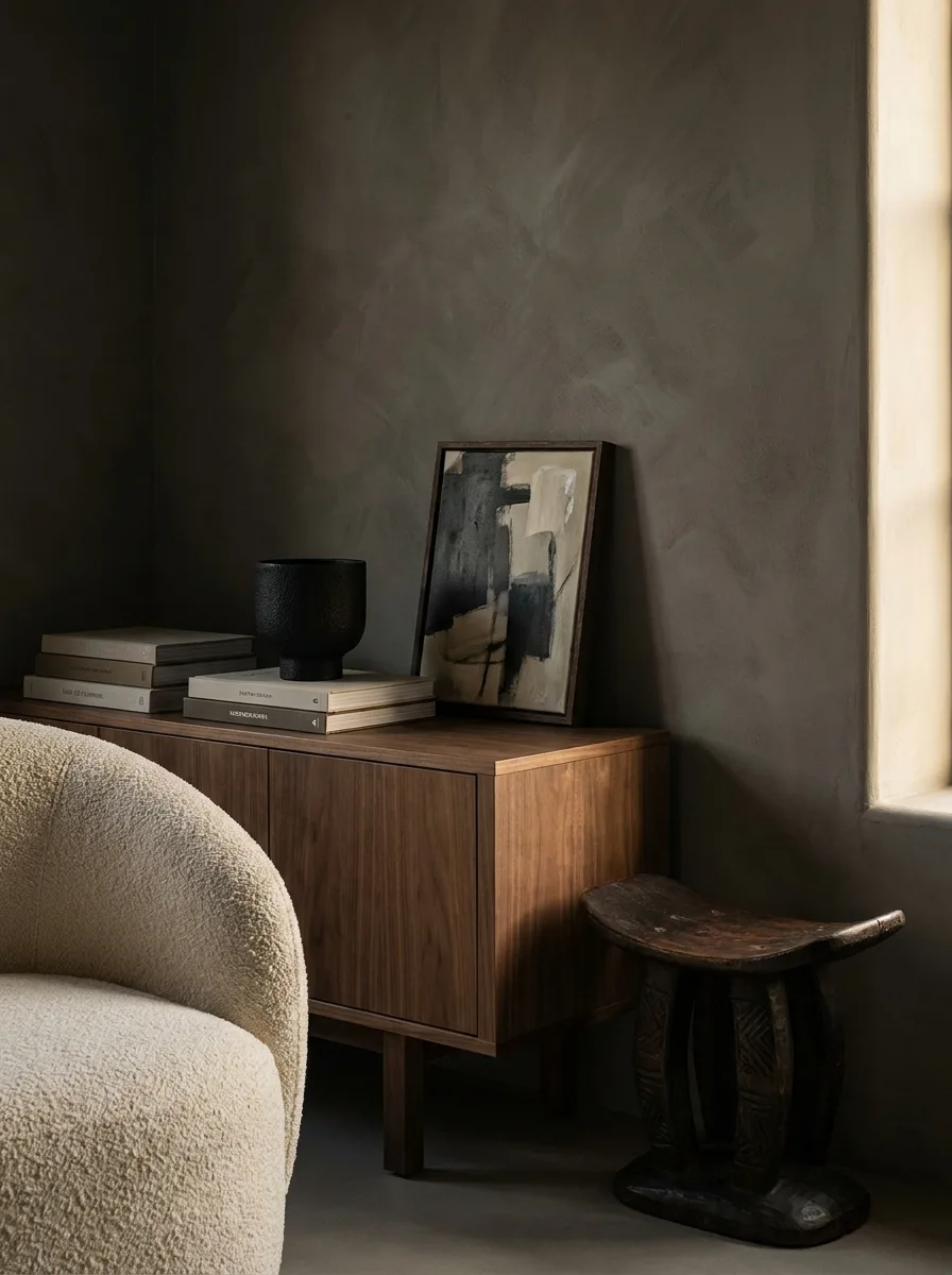 A dark-Japandi collected corner in walnut, charcoal and cream mixing a carved stool, ceramics and modern art