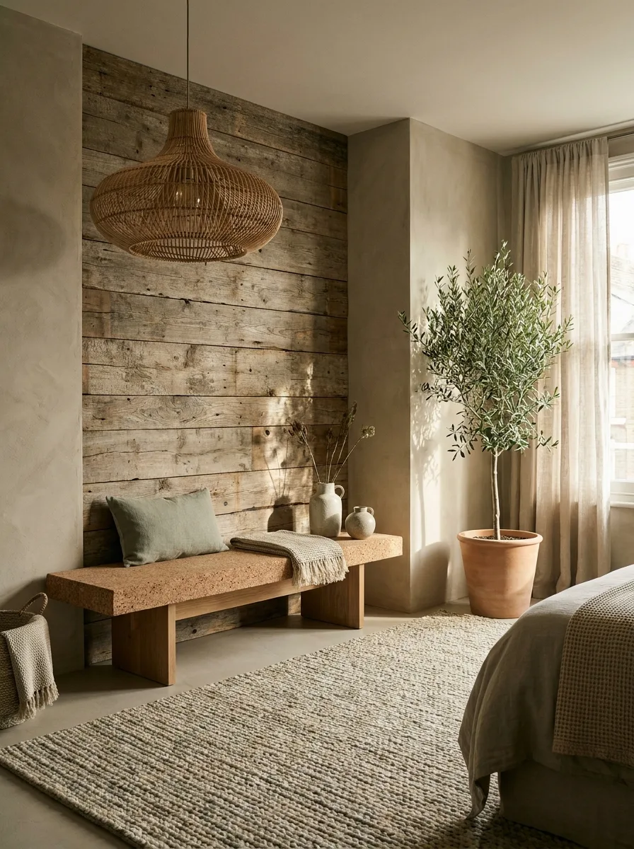 A 2027 interior built from honest natural materials: a reclaimed-timber wall, natural-wool rug, cork bench and woven pendant