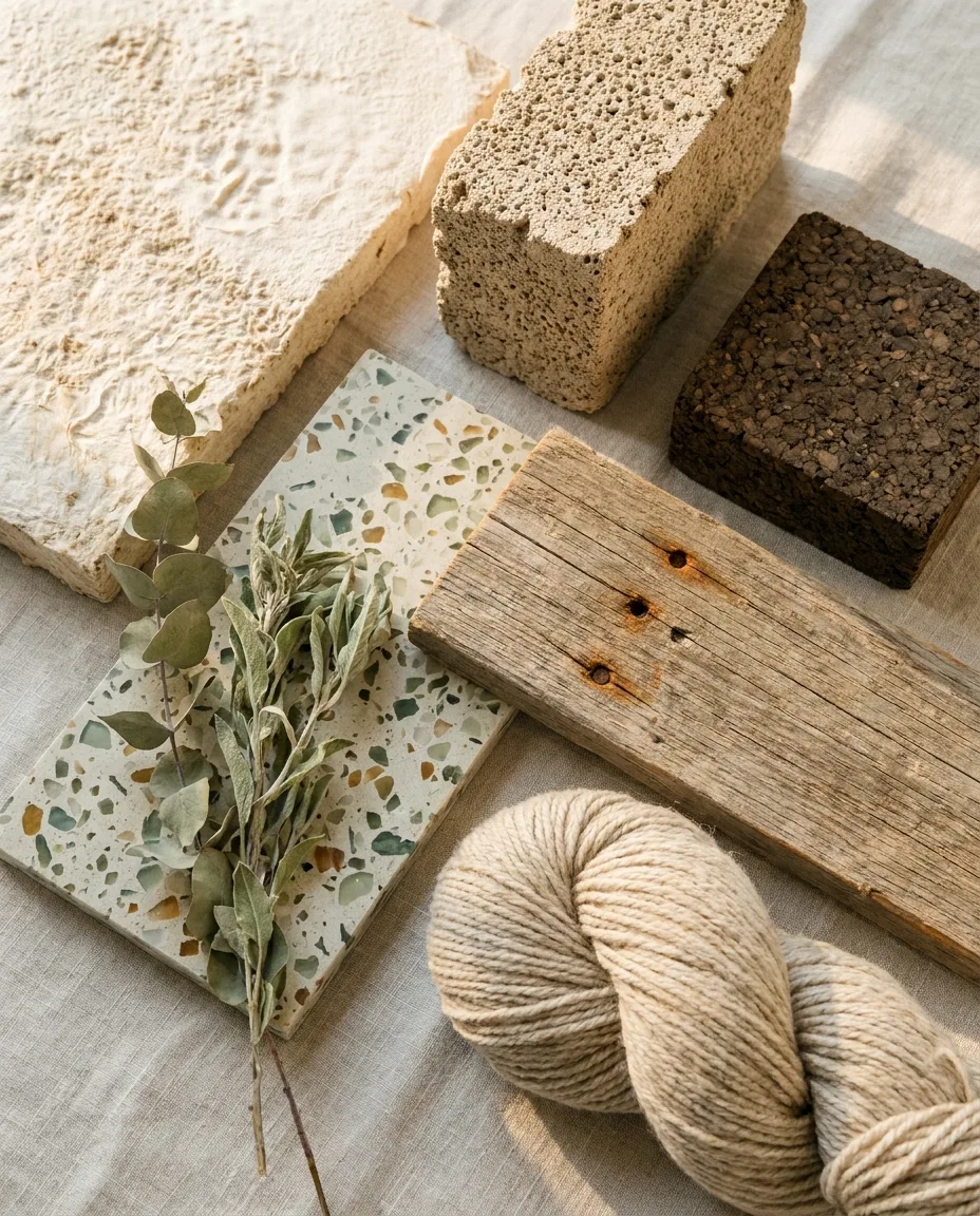 A sustainable-materials mood board: mycelium panel, hempcrete, cork, reclaimed timber, recycled terrazzo and natural wool