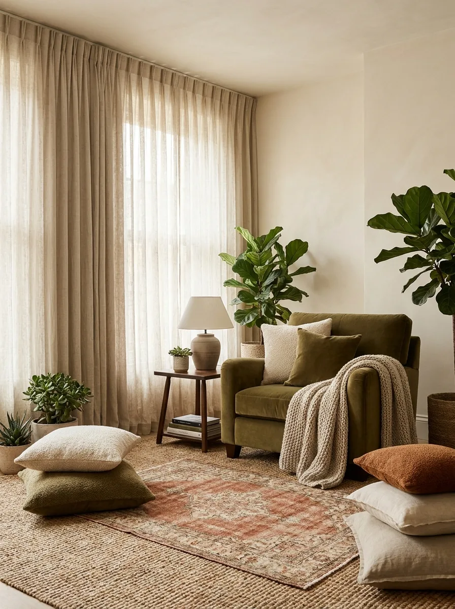 A 2027 living corner layered with oatmeal linen curtains, a jute base rug under a rust vintage rug, a mohair chair and wool throw