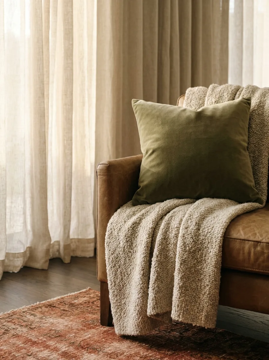 Layered 2027 textiles: oatmeal linen curtains, olive velvet cushion, boucle throw and a rust vintage rug