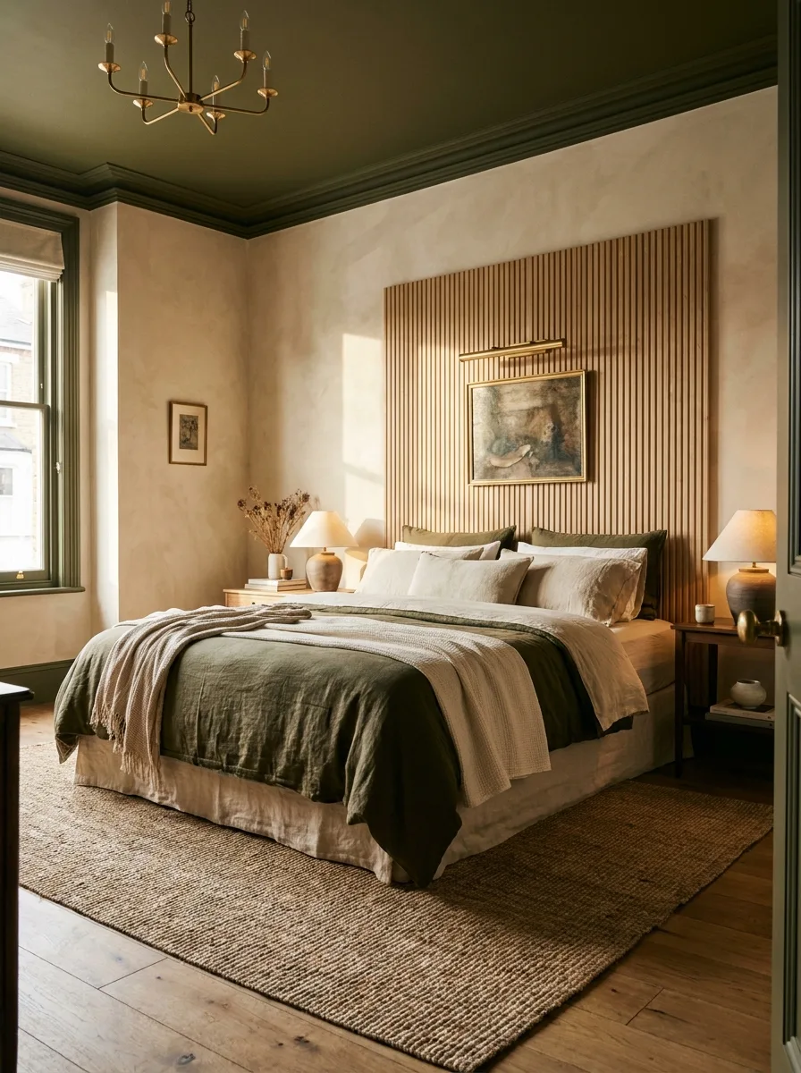 A full 2027 bedroom with a deep-olive color-capped ceiling and trim over limewashed walls and fluted-oak paneling