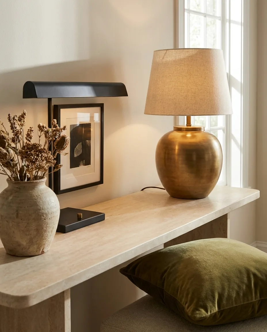 A 2027 detail of the replacement look: layered warm lamps, a two-finish brass-and-matte-black pairing and a honed cream stone surface