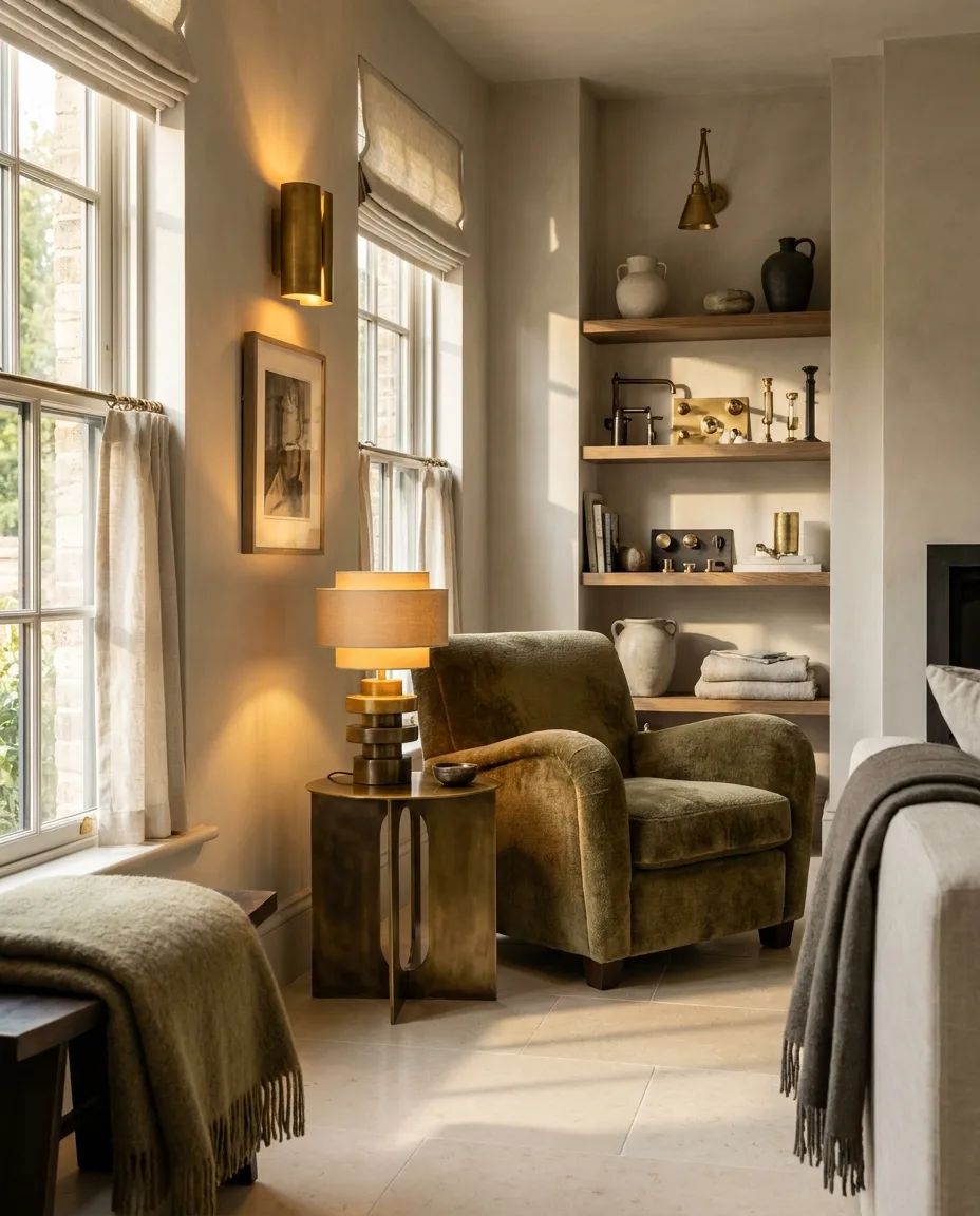 A 2027 interior that replaces the cold-grey look with warm limewash, honed stone, mixed metals and layered warm lamps