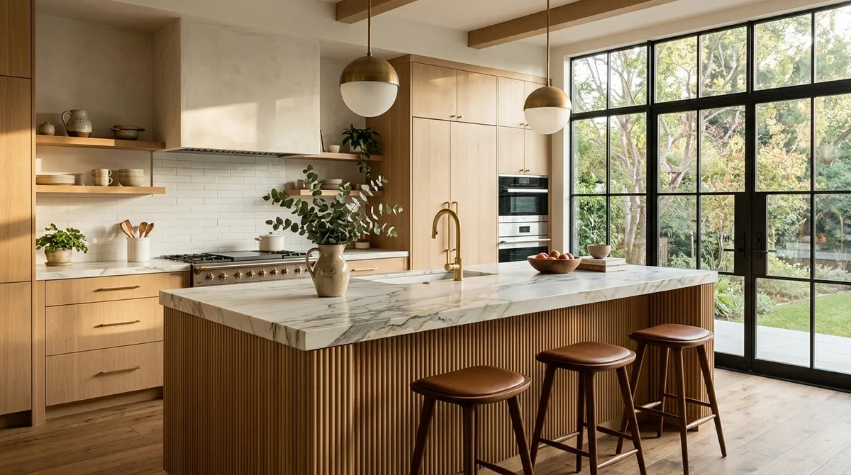 Kitchen with white oak slab cabinets, a veined quartzite island, brass faucet, plaster hood, and panel-ready refrigerator