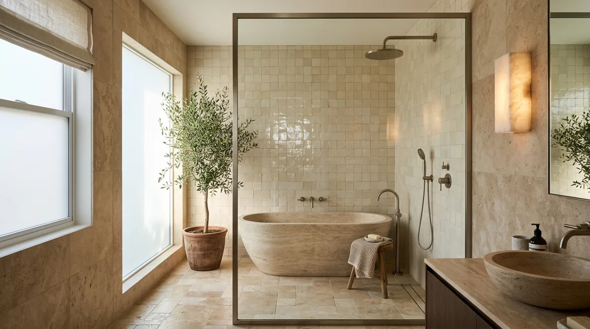 Spa-style wet room with travertine and zellige tile, freestanding stone tub, rainfall shower, and warm brushed-nickel fixtures