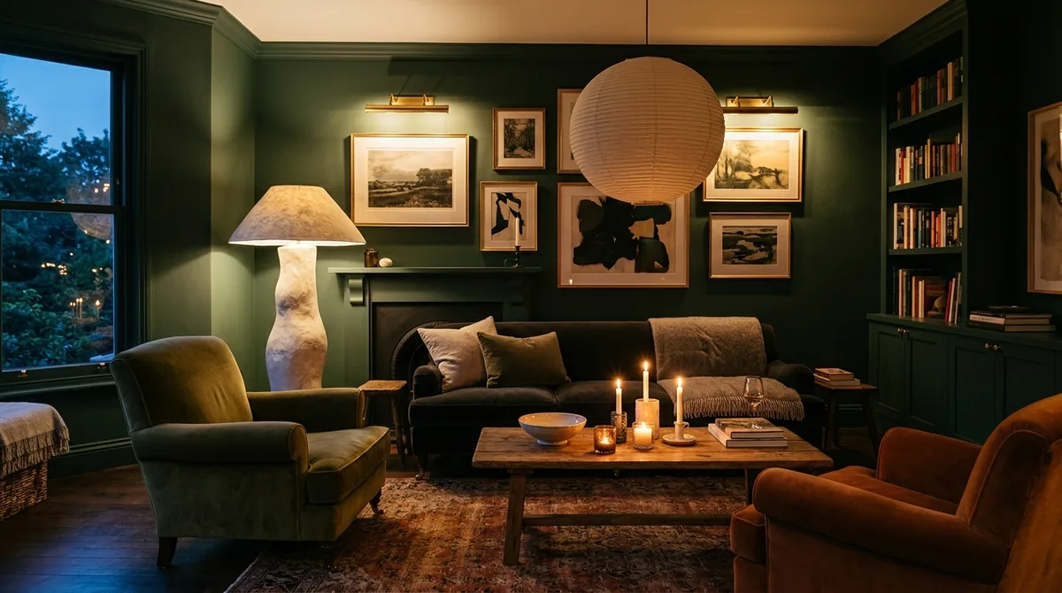 Living room at dusk lit entirely by warm layered lamps, a sculptural plaster floor lamp, and picture lights, with no overhead lighting
