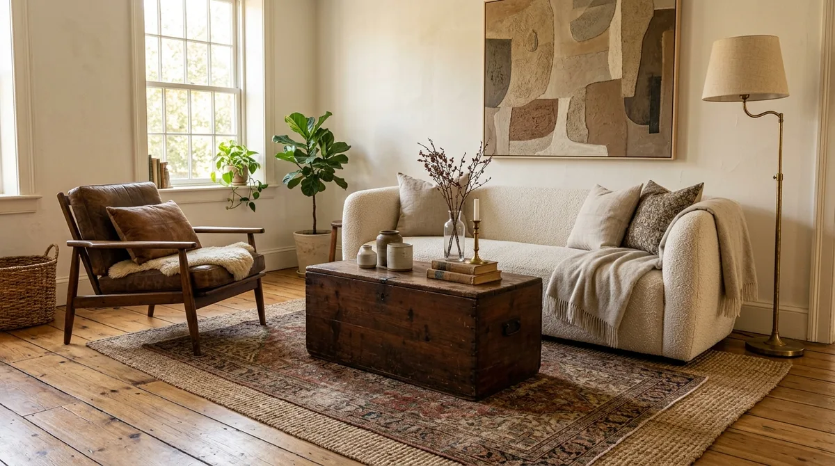 A living room mixing a restored vintage armchair and antique wooden chest with a modern sofa and contemporary art
