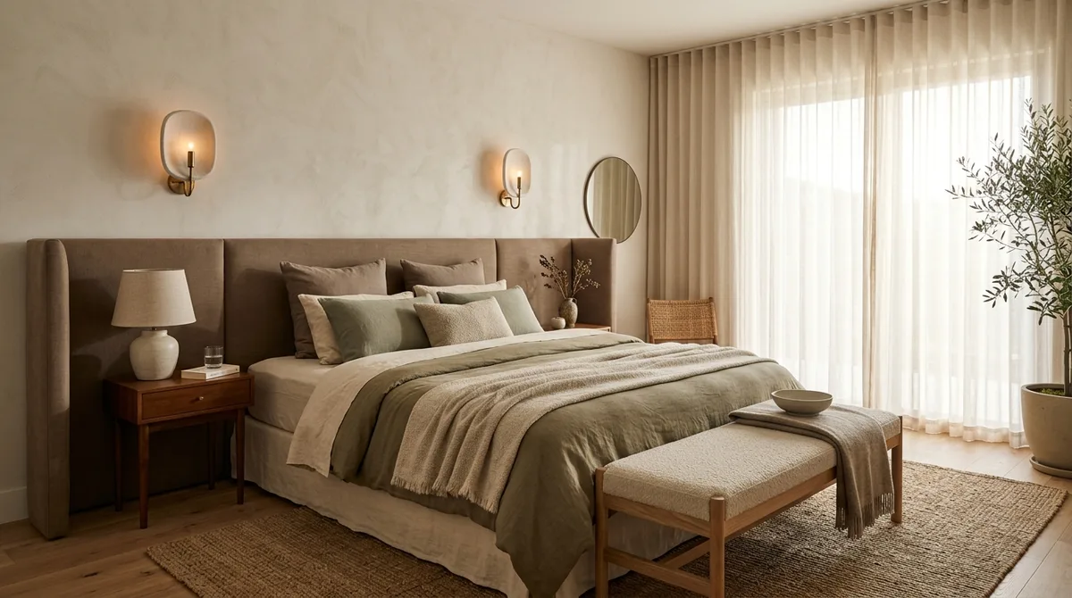 Bedroom styled like a boutique hotel with an oversized upholstered headboard, layered earth-tone linen bedding, and plaster wall sconces