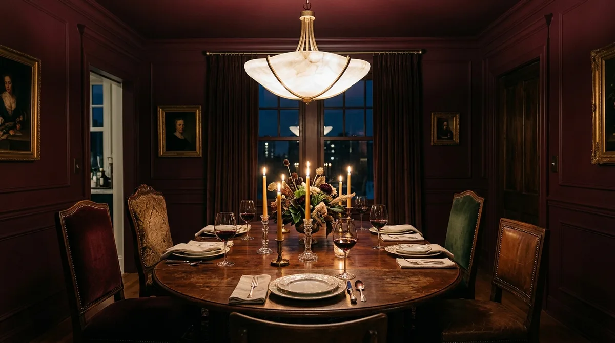 Color-drenched deep burgundy dining room with a vintage oval table, mismatched chairs, and a dimmed alabaster chandelier