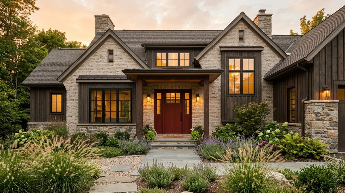Home exterior at golden hour with limewashed masonry, dark wood siding accents, black steel windows, and an oxblood front door