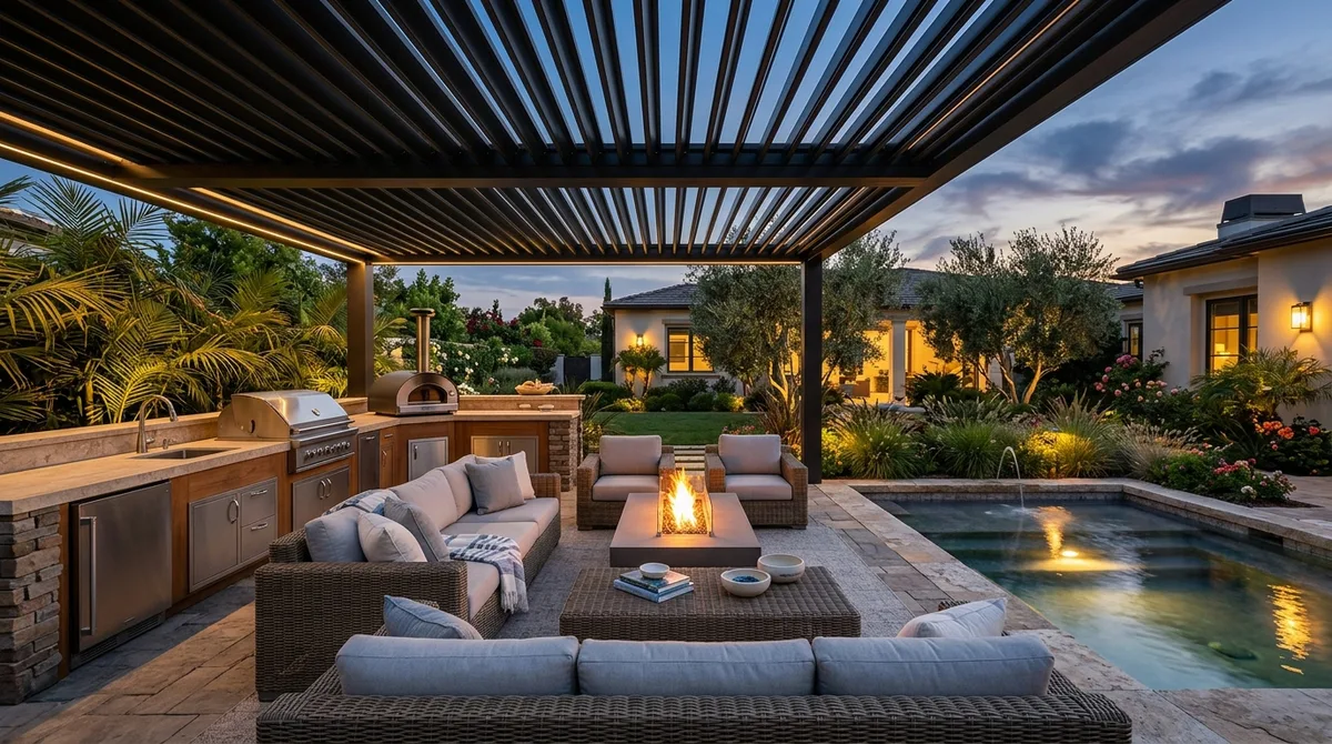 Covered outdoor living room with louvered pergola, outdoor kitchen, linear fire table, and plunge pool at dusk