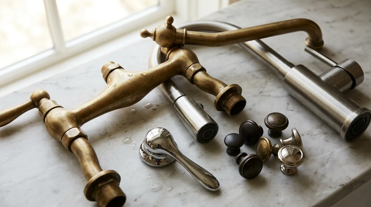 Close-up of faucet and hardware finishes on marble: unlacquered brass, brushed stainless, polished chrome, and mixed-metal knobs