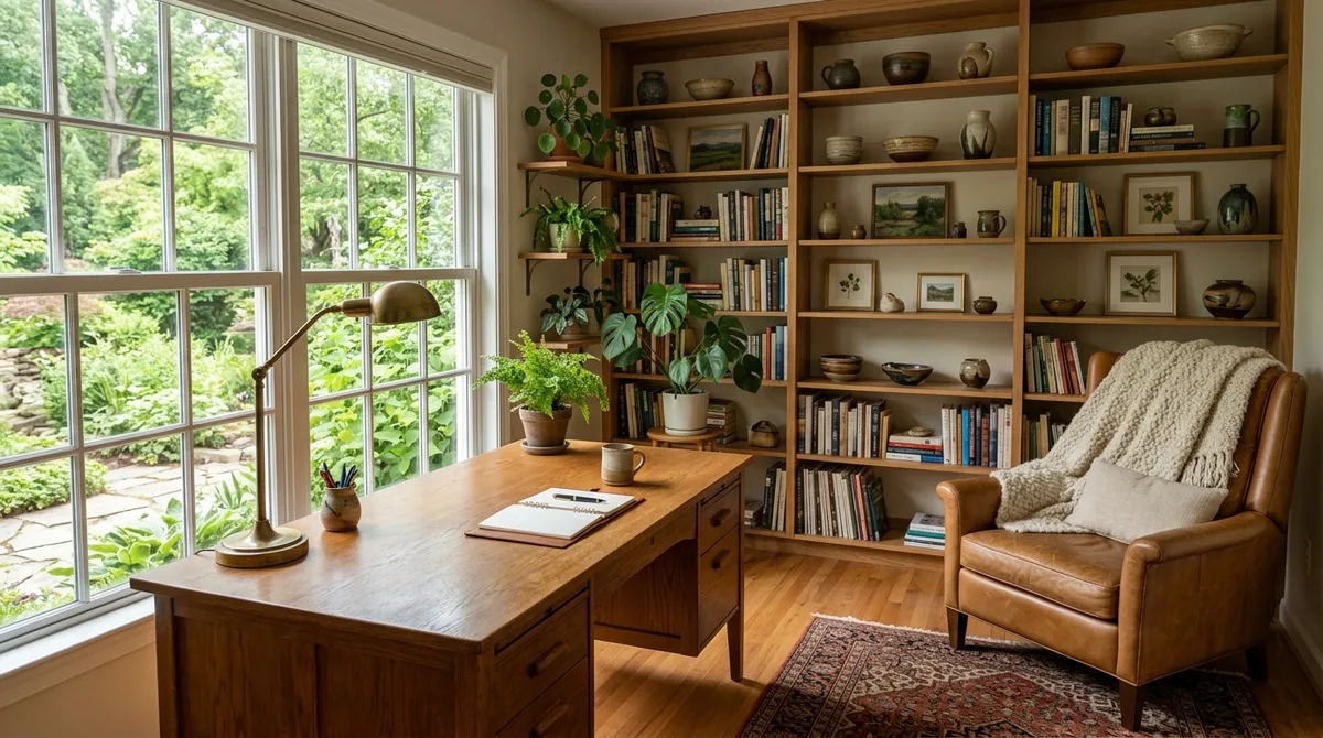 Home office and hobby room with built-in wood shelving, a vintage desk facing a garden window, and a reading chair