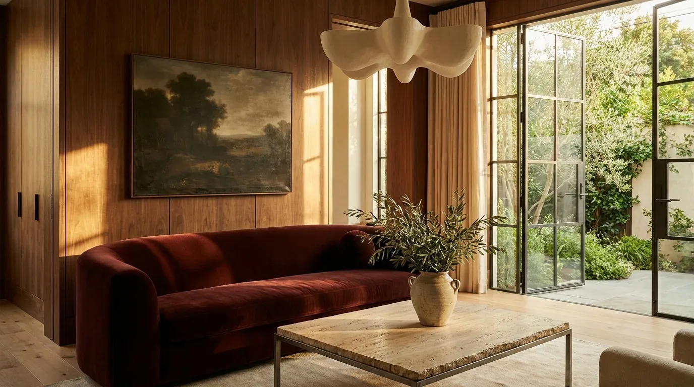 A sunlit living room styled for 2027 with warm wood paneling, a curved oxblood sofa, sculptural plaster lighting, and a view to a covered outdoor room