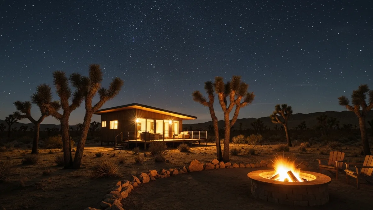 A modern desert cabin glowing warm against a star-filled night sky with a firepit and Joshua trees