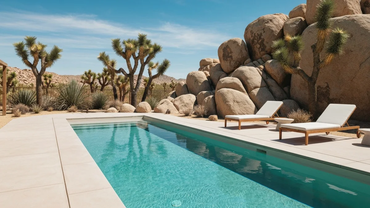 A minimalist desert plunge pool surrounded by boulders and Joshua trees under a blue sky